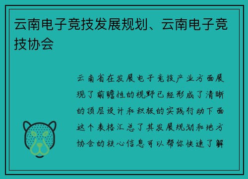 云南电子竞技发展规划、云南电子竞技协会