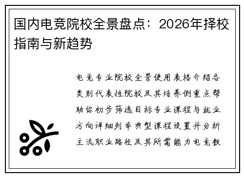 国内电竞院校全景盘点：2026年择校指南与新趋势