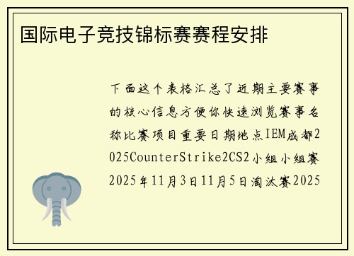 国际电子竞技锦标赛赛程安排